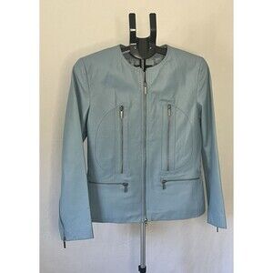 Prague Leather Y2k  Blazer Blue Minimalist Zip Moto Style Polyester Lined LAR